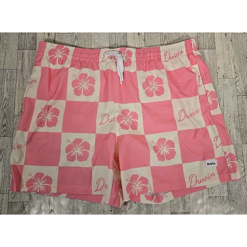 Duvin Swim Trunks XXL (2X) Mens Checkered Pink Mesh Liner Pockets NEW w/o Tags